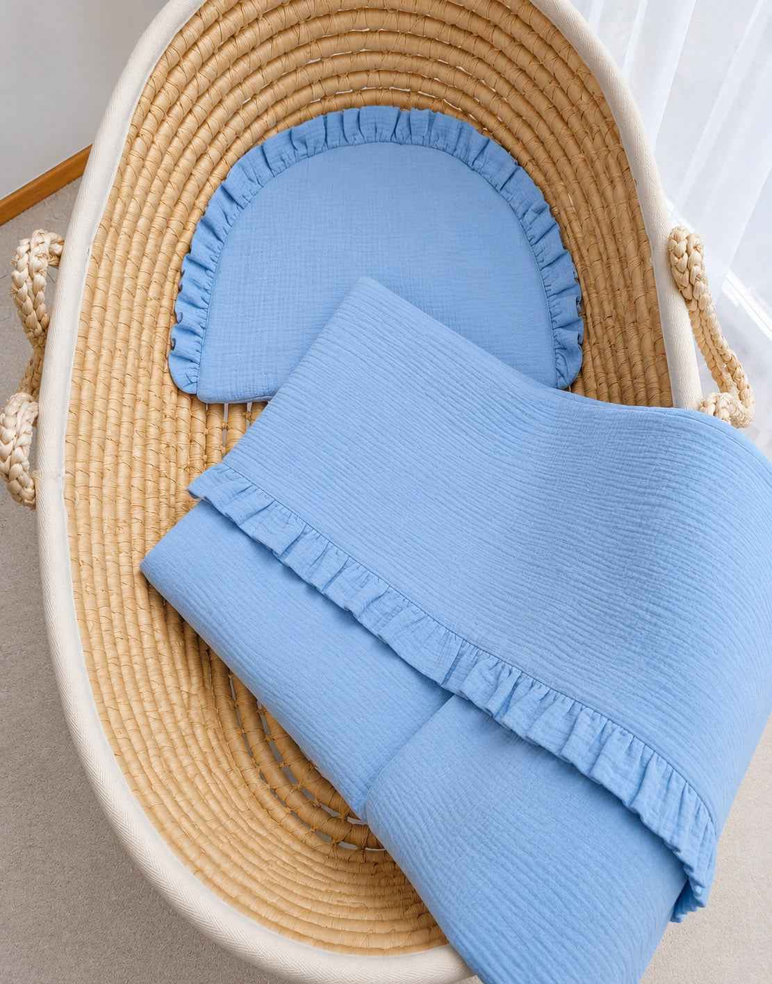 Duvet and a flat pillow MUSLIN with a frill- 2pcs set - blue
