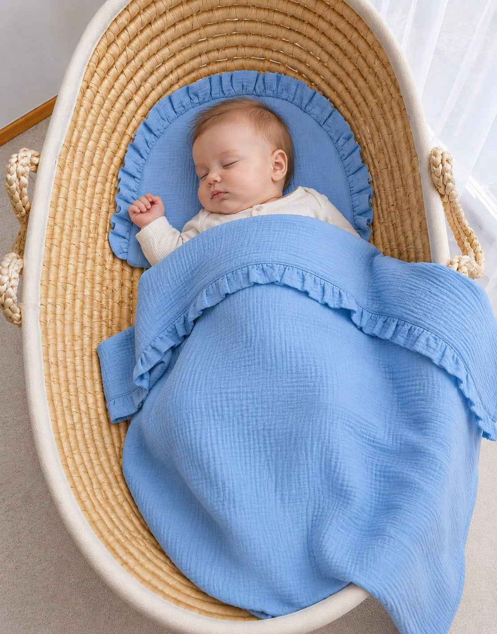 Duvet and a flat pillow MUSLIN with a frill- 2pcs set - blue