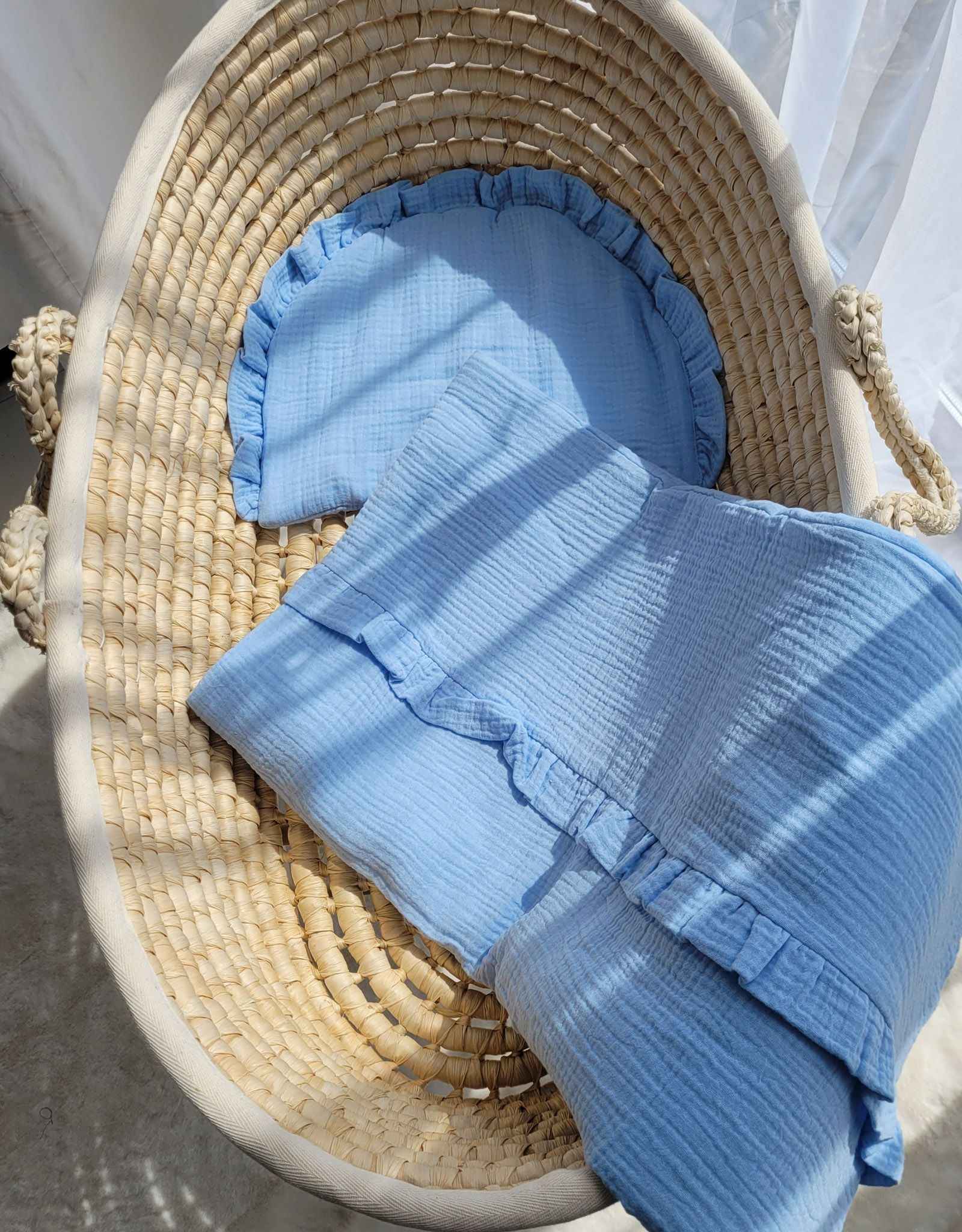 Duvet and a flat pillow MUSLIN with a frill- 2pcs set - blue