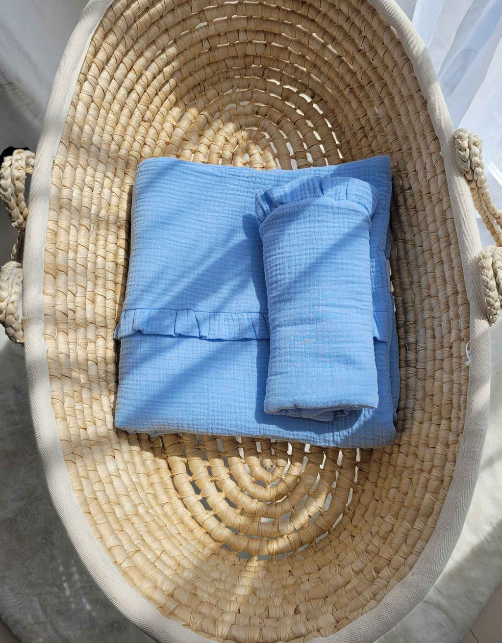 Duvet and a flat pillow MUSLIN with a frill- 2pcs set - blue
