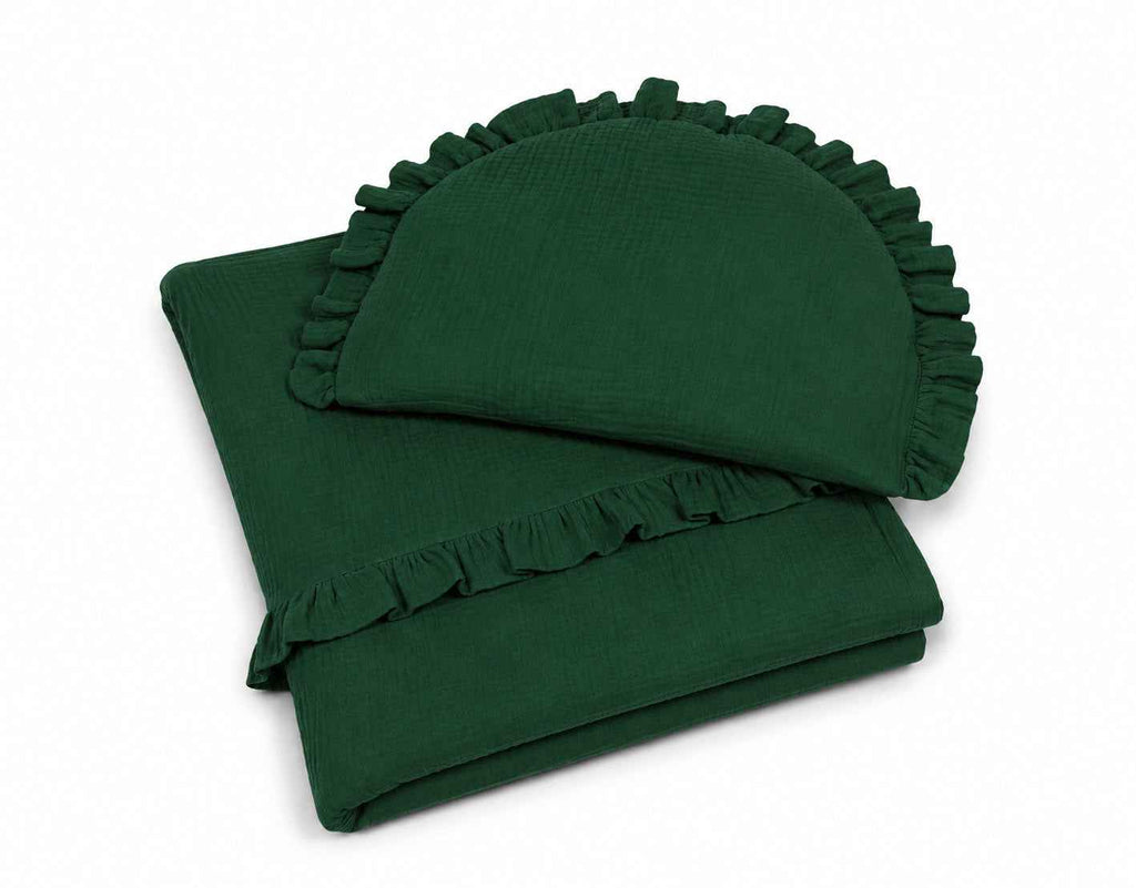 Duvet and a flat pillow MUSLIN with a frill- 2pcs set - forest green