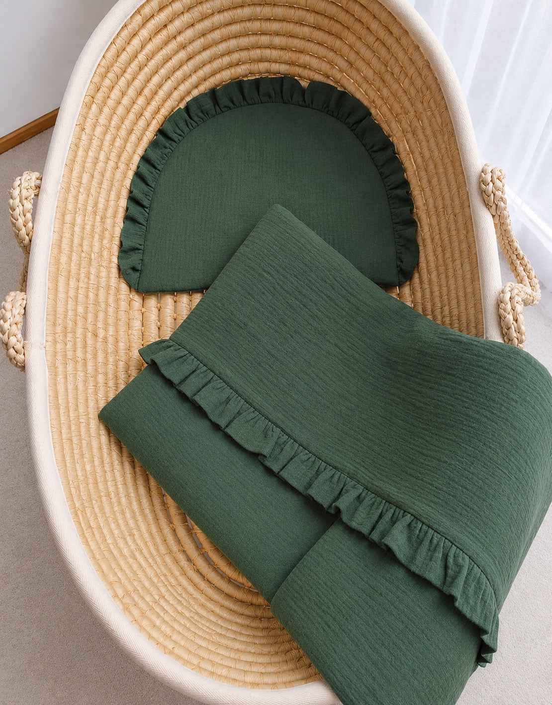Duvet and a flat pillow MUSLIN with a frill- 2pcs set - forest green