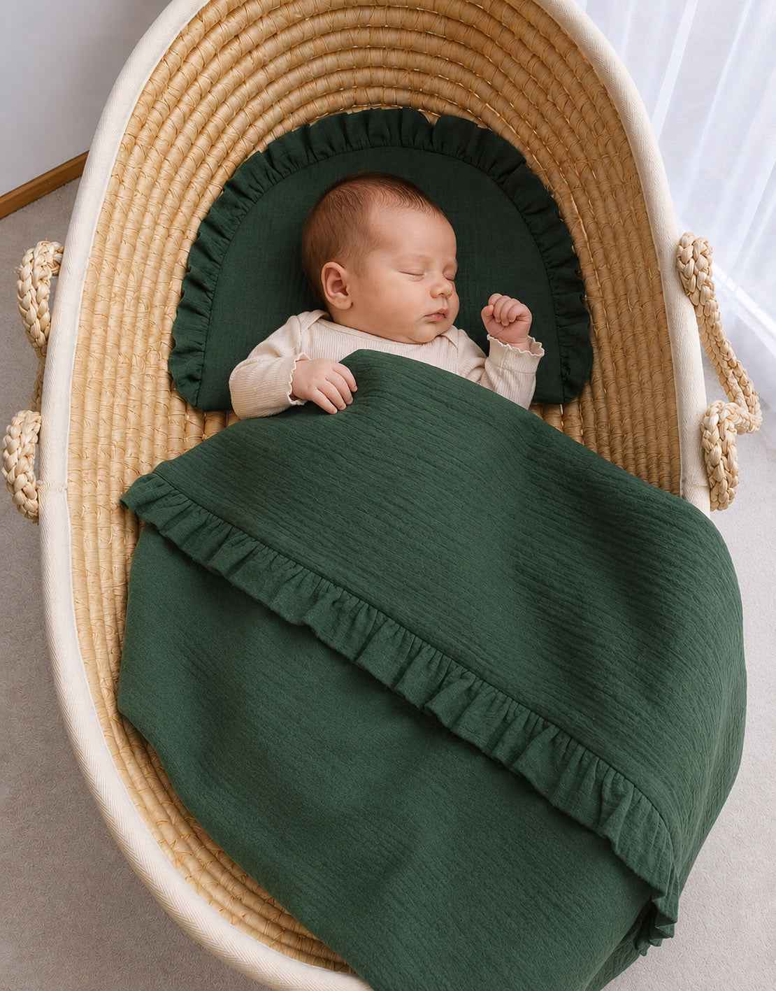 Duvet and a flat pillow MUSLIN with a frill- 2pcs set - forest green