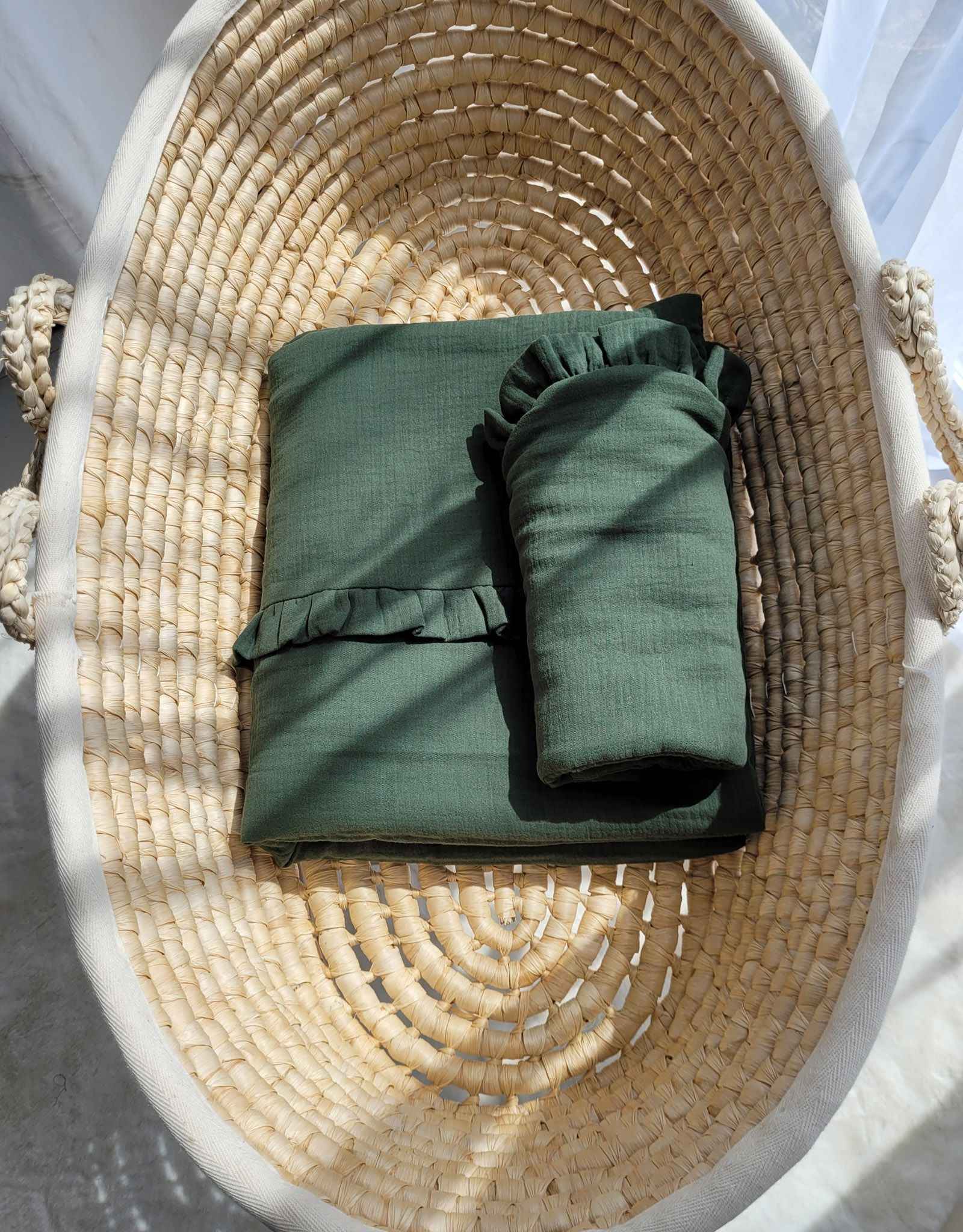 Duvet and a flat pillow MUSLIN with a frill- 2pcs set - forest green