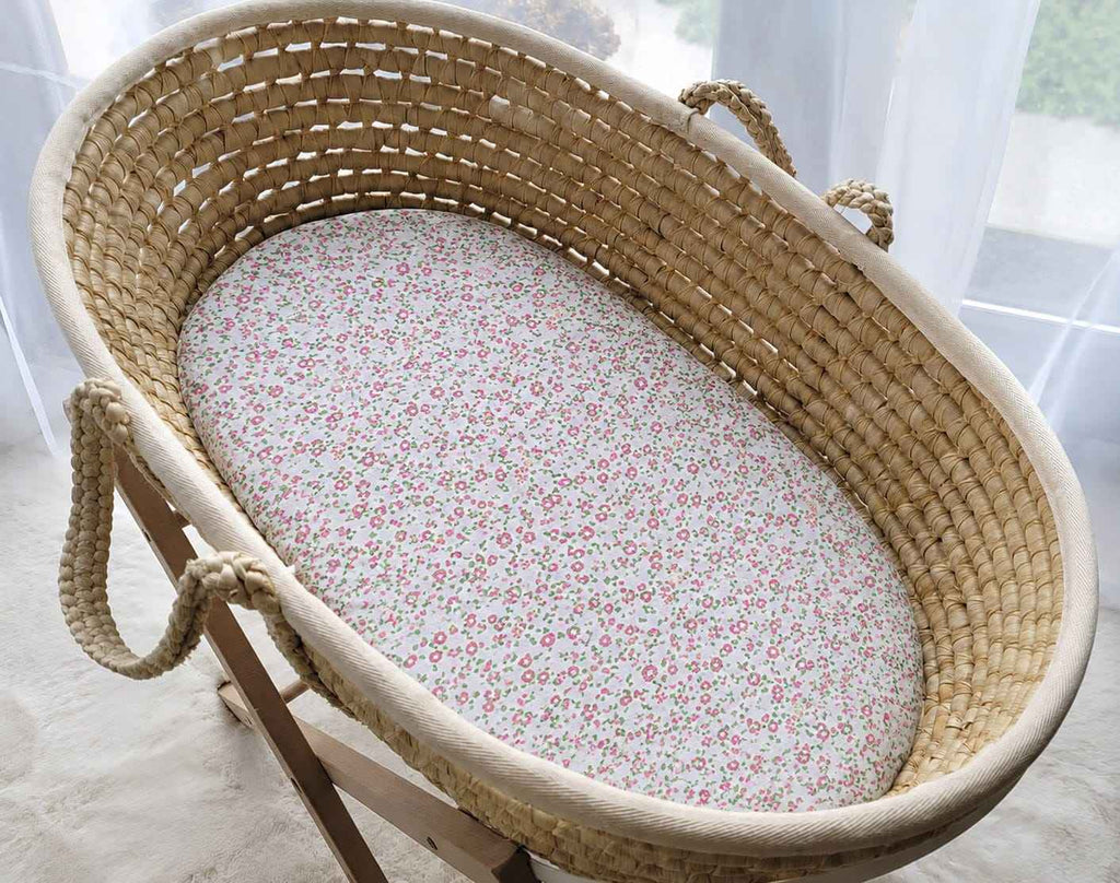 Sheet made of cotton for for prams, moses basket mattress 75x35 cm - little pink flowers