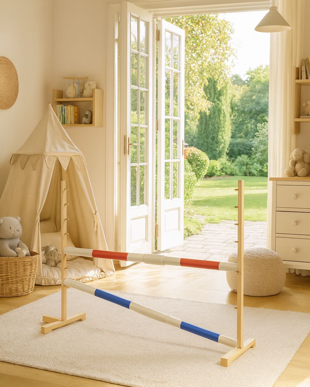 Jumping obstacle for Hobby Horse 160 cm, h-120 cm, with two bars red and blue