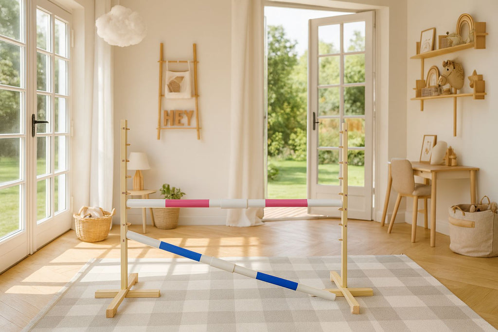 Jumping obstacle for Hobby Horse 160 cm, h-120 cm, with two bars pink and blue