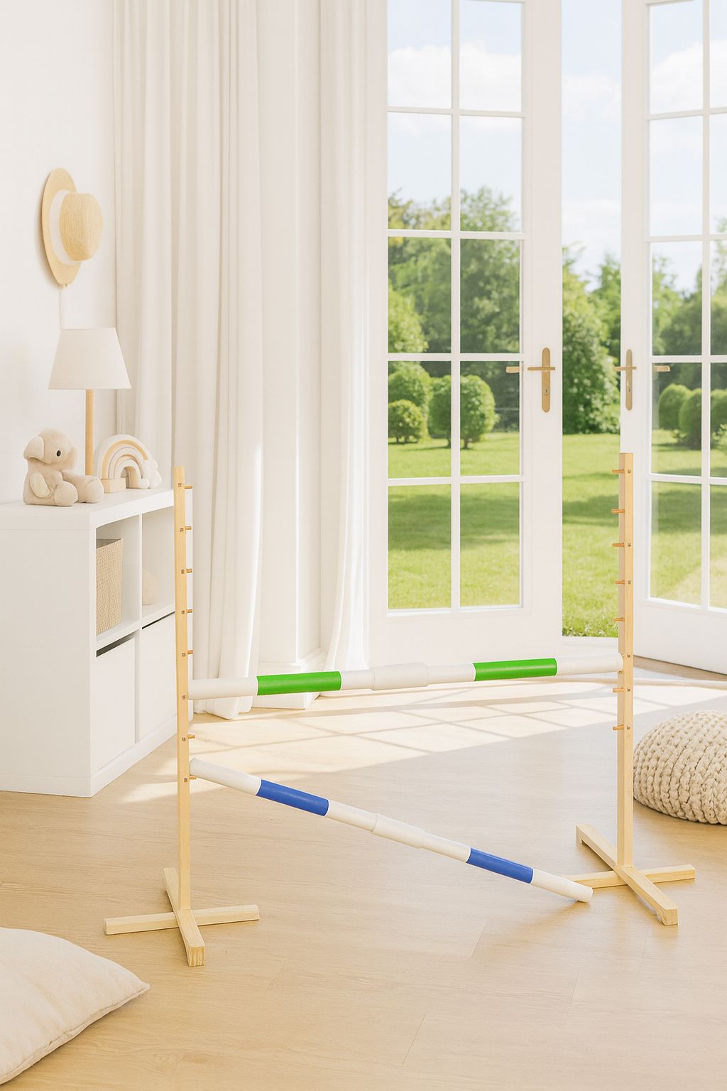 Jumping obstacle for Hobby Horse 160 cm, h-120 cm, with two bars green and blue