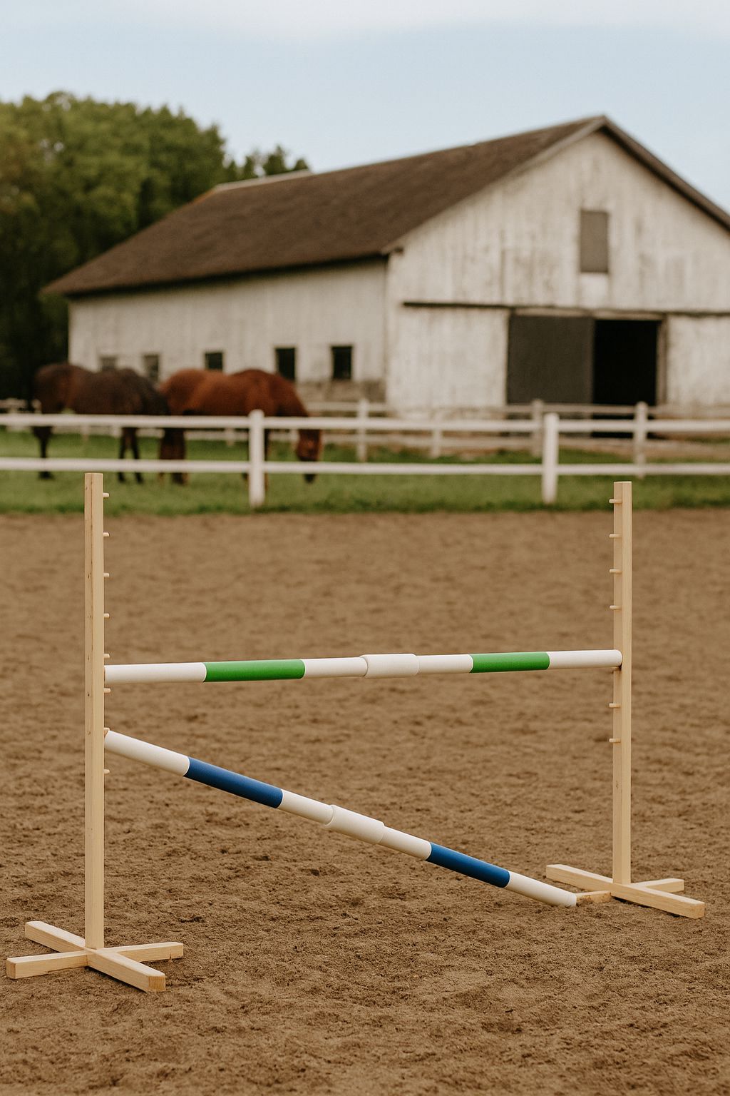 Jumping obstacle for Hobby Horse 160 cm, h-120 cm, with two bars green and blue