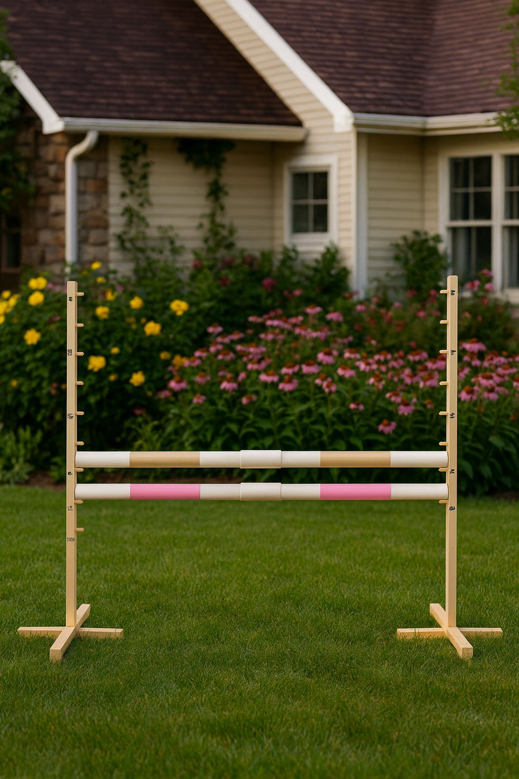 Jumping obstacle for Hobby Horse 160 cm, h-120 cm, with two bars - beige and light pink
