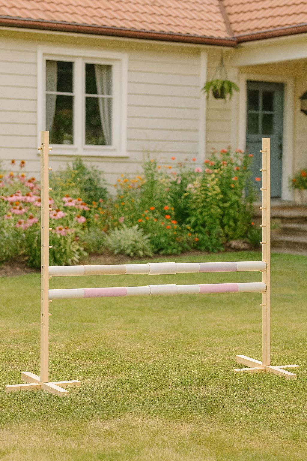 Jumping obstacle for Hobby Horse 160 cm, h-120 cm, with two bars - beige and light pink