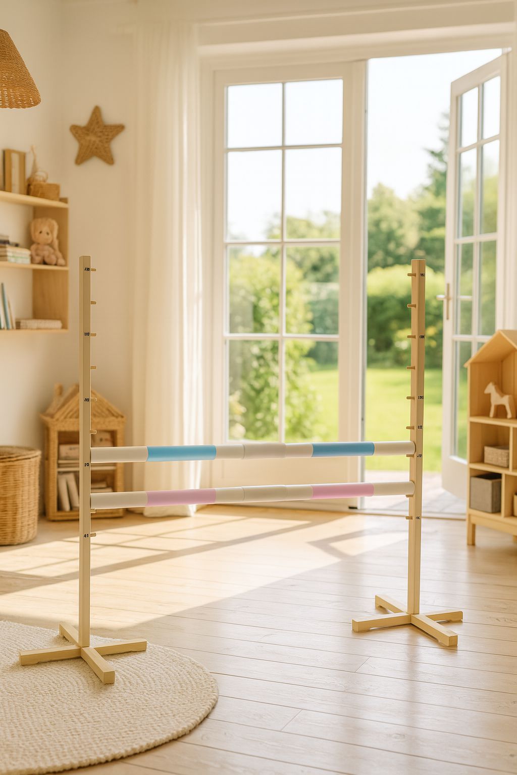 Jumping obstacle for Hobby Horse 160 cm, h-120 cm, with two bars - light blue and light pink