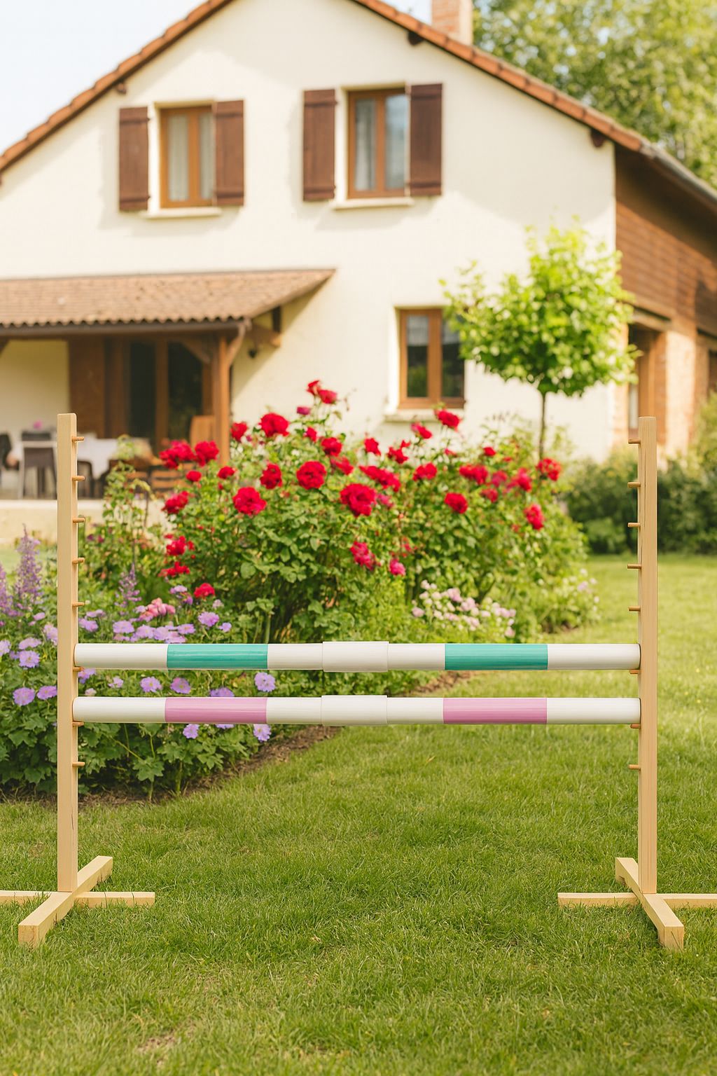 Jumping obstacle for Hobby Horse 160 cm, h-120 cm, with two bars - mint and light pink