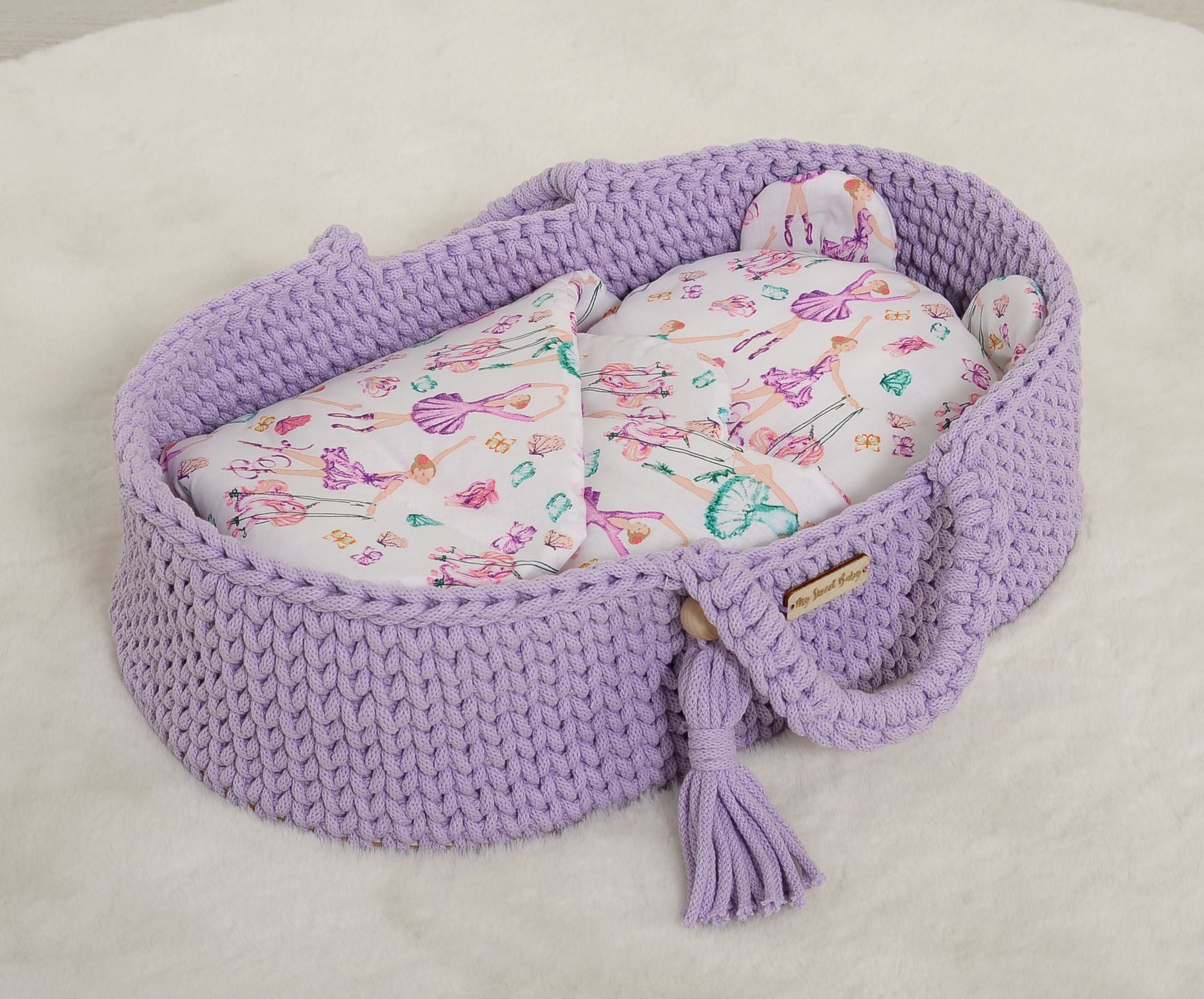 Doll's swaddling cone with pillow - ballerinas lilac