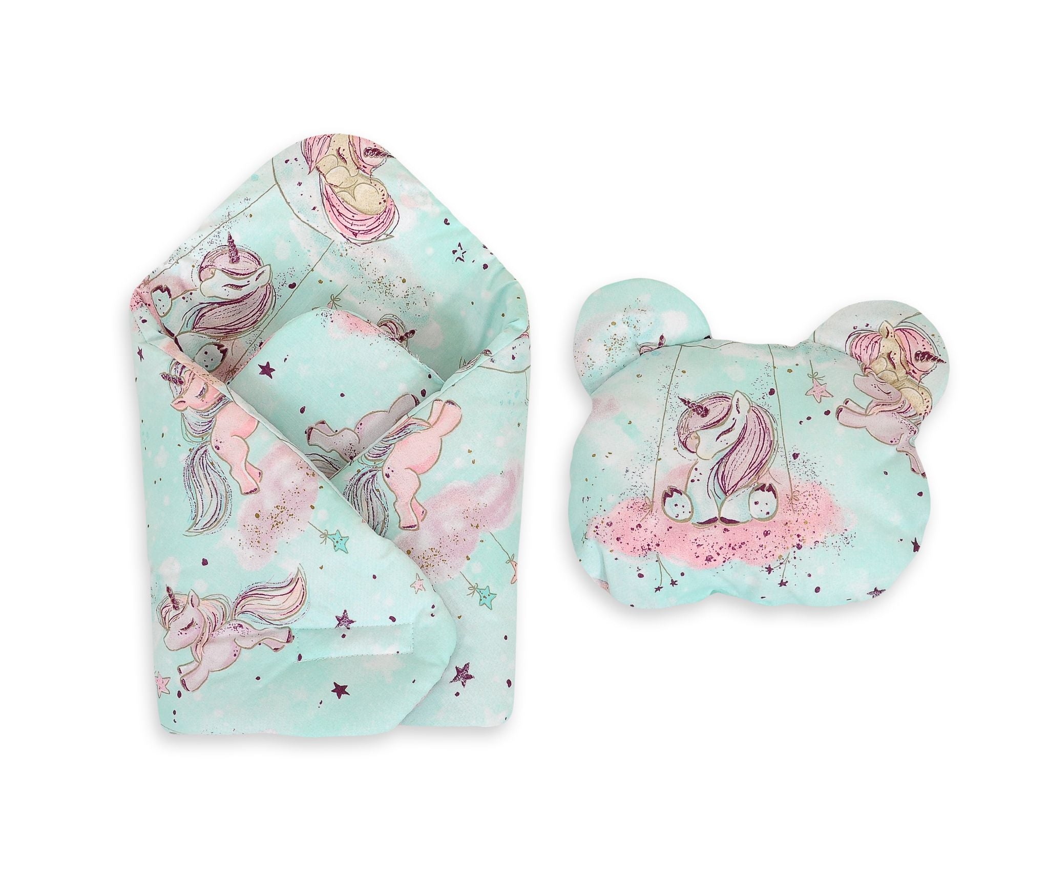 Doll's swaddling cone with pillow - unicorn mint
