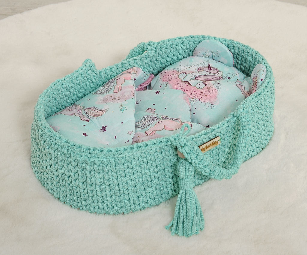 Doll's swaddling cone with pillow - unicorn mint