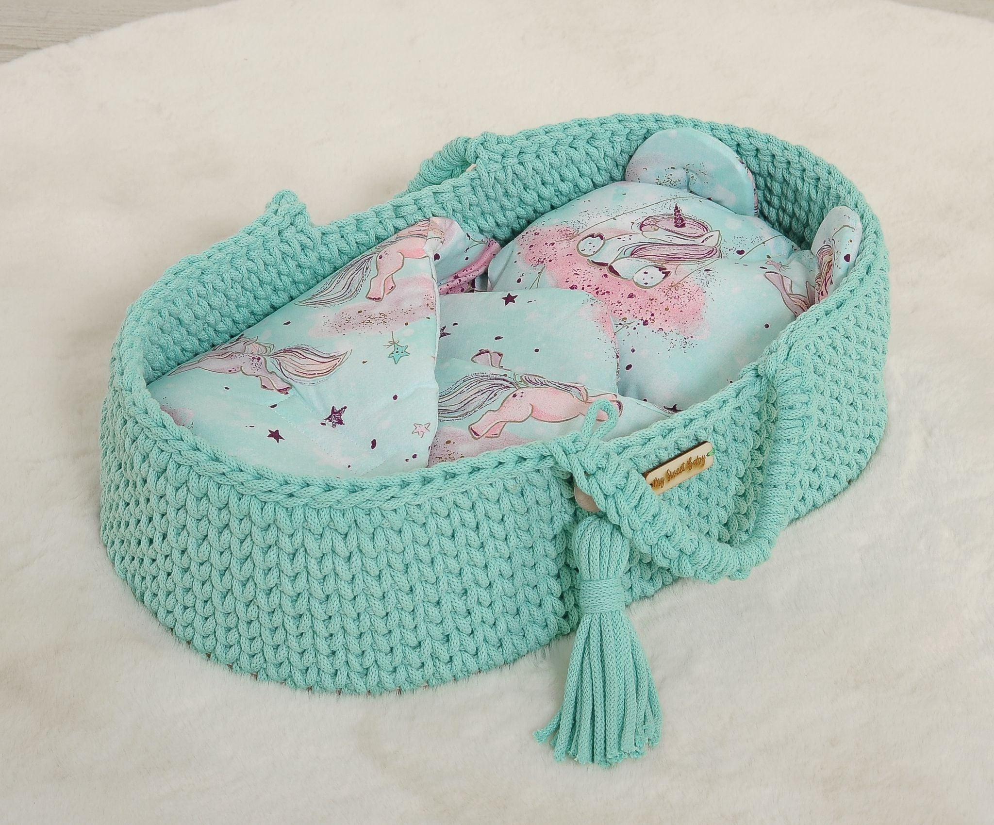 Doll's swaddling cone with pillow - unicorn mint