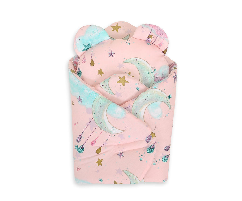 Doll's swaddling cone with pillow - moons pink