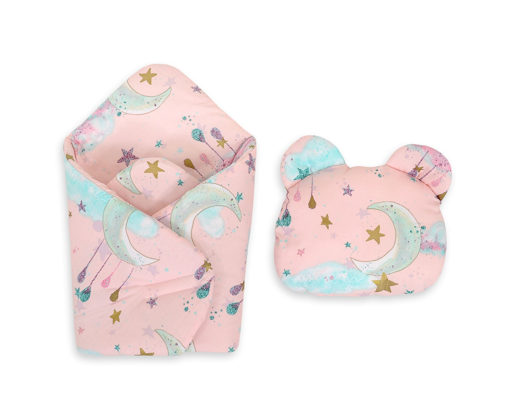 Doll's swaddling cone with pillow - moons pink