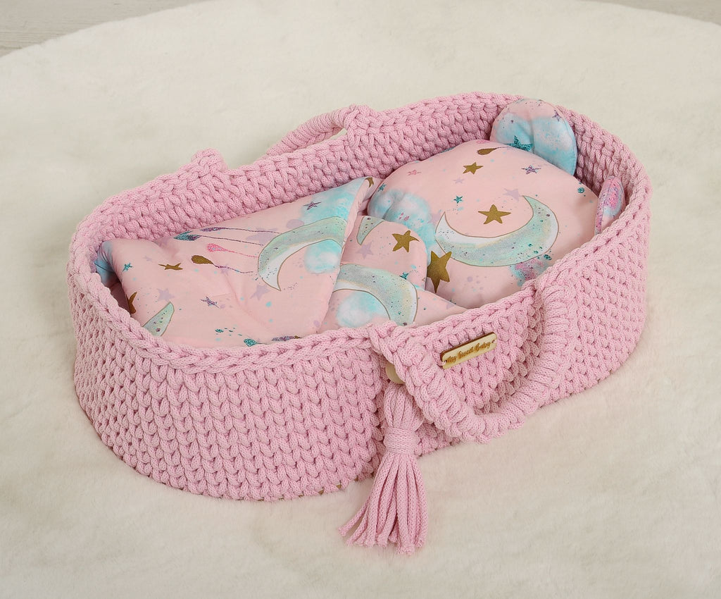 Doll's swaddling cone with pillow - moons pink