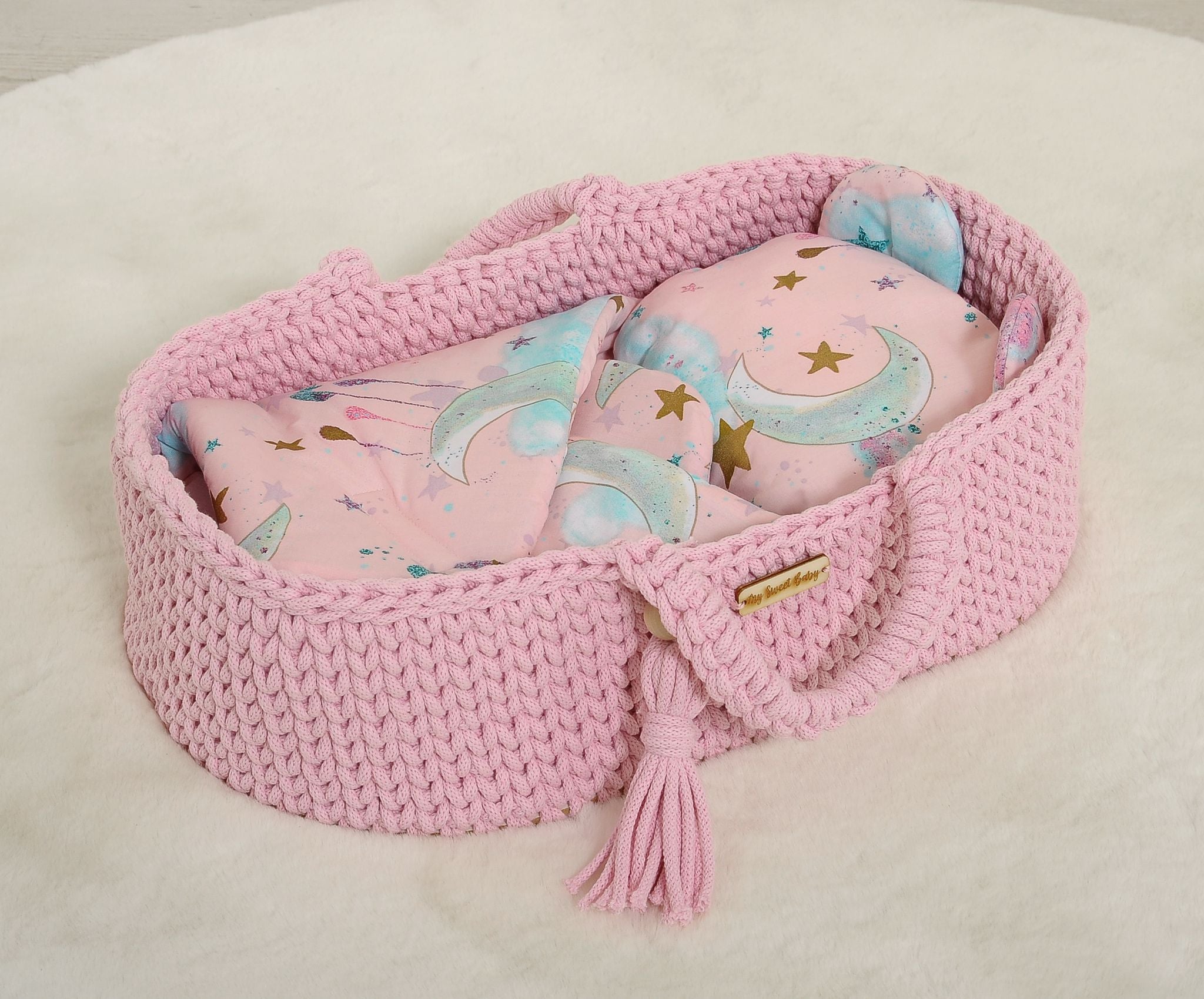 Doll's swaddling cone with pillow - moons pink