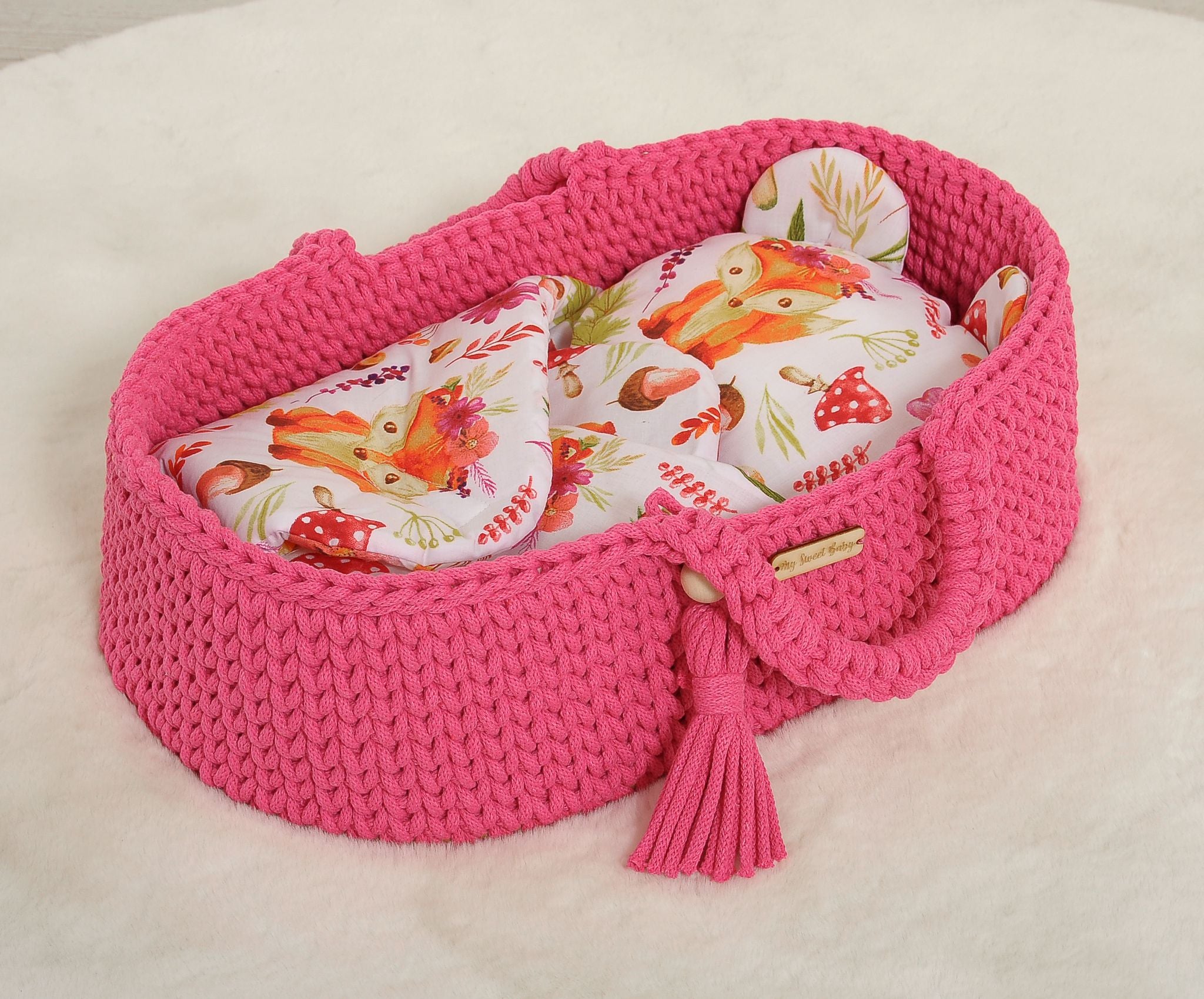 Doll's swaddling cone with pillow - fox in a wreath