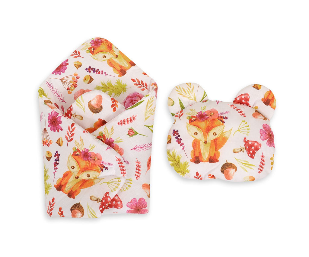 Doll's swaddling cone with pillow - fox in a wreath