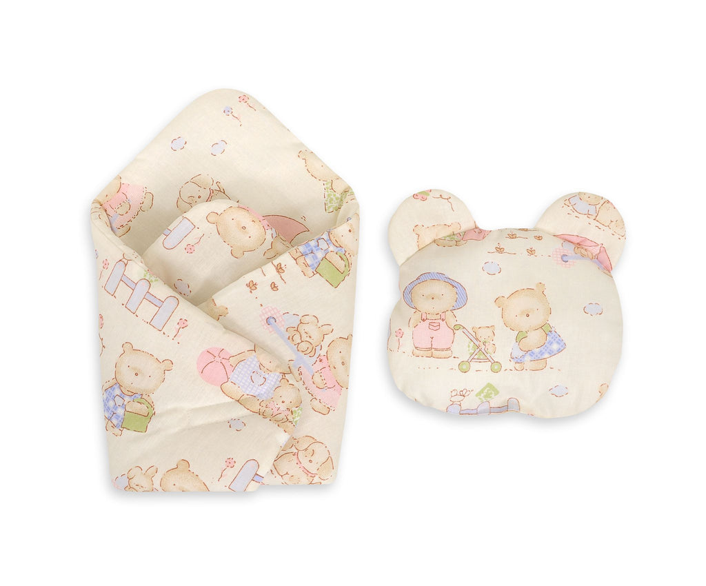 Doll's swaddling cone with pillow -  teddy bear family