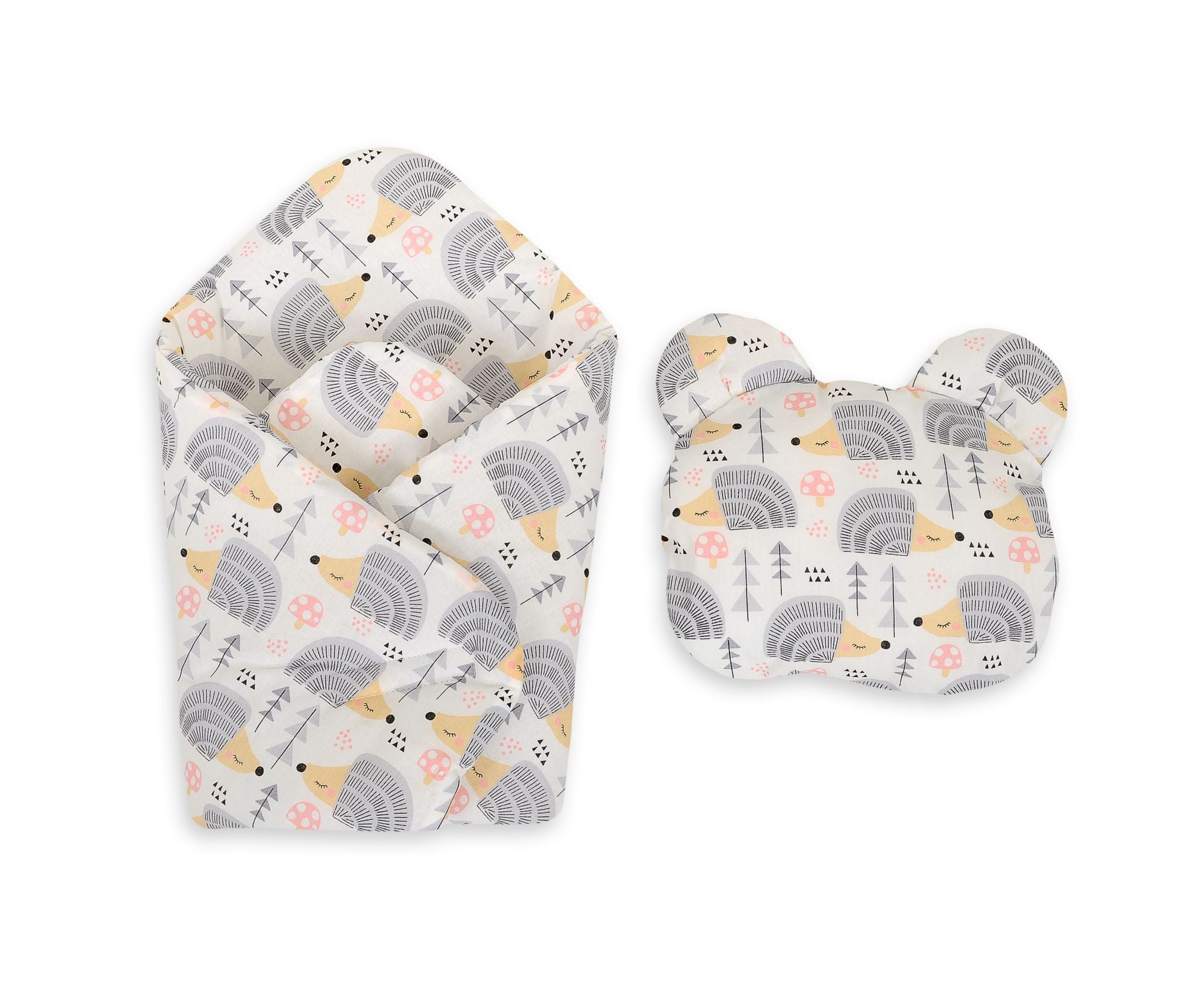 Doll's swaddling cone with pillow - hedgehogs grey