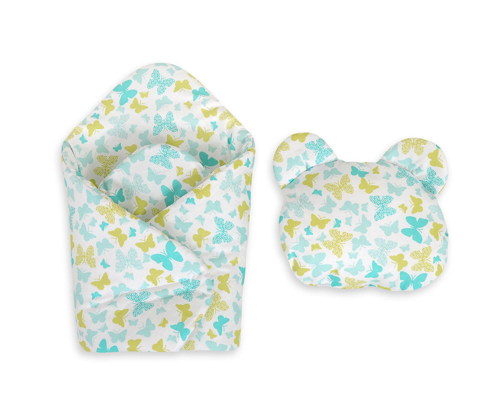 Doll's swaddling cone with pillow - butterflies mint