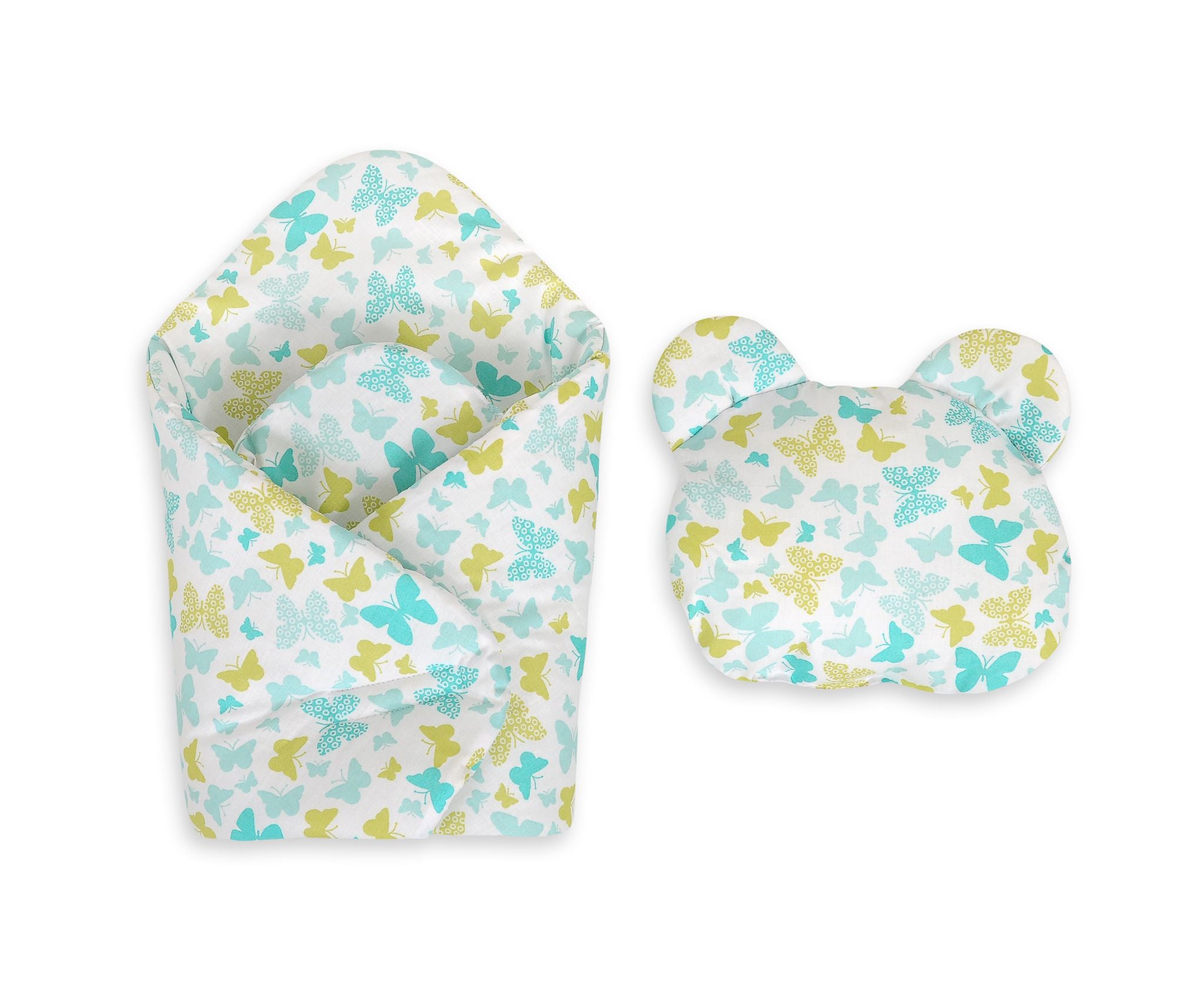 Doll's swaddling cone with pillow - butterflies mint