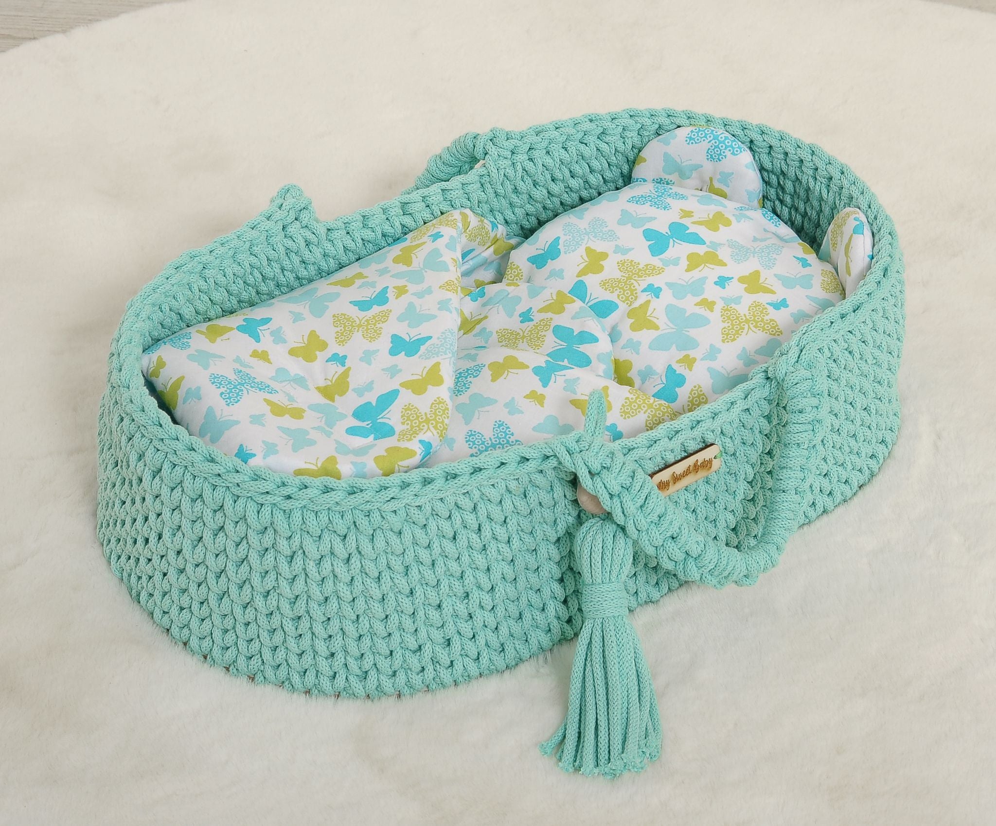 Doll's swaddling cone with pillow - butterflies mint