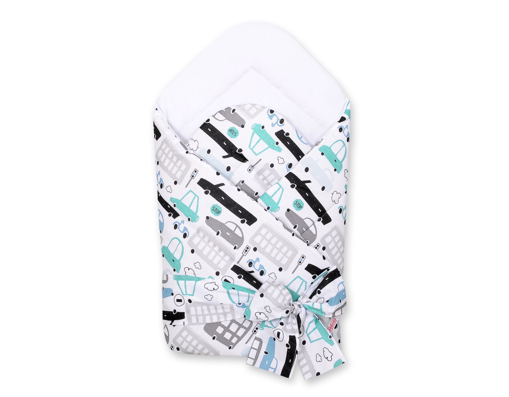 Double-sided baby nest with bow - gray and turquoise cars