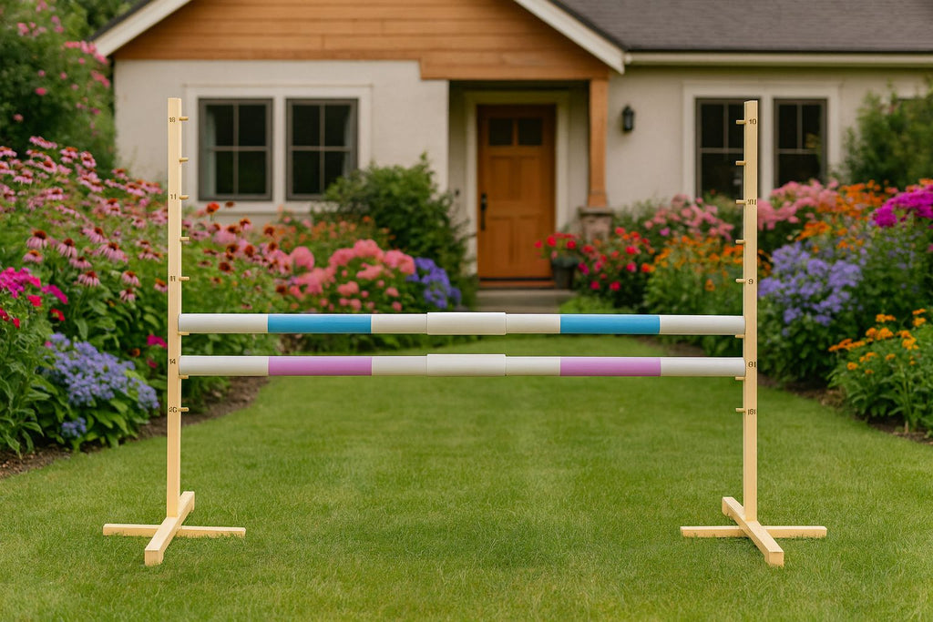 Jumping obstacle for Hobby Horse 160 cm, h-120 cm, with two bars - light blue and light pink