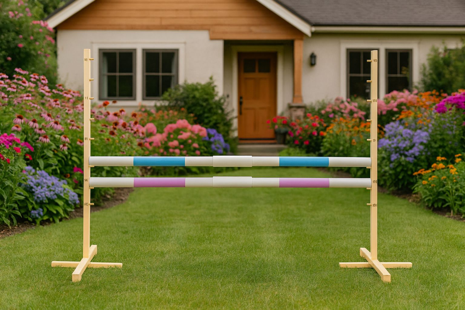 Jumping obstacle for Hobby Horse 160 cm, h-120 cm, with two bars - light blue and light pink