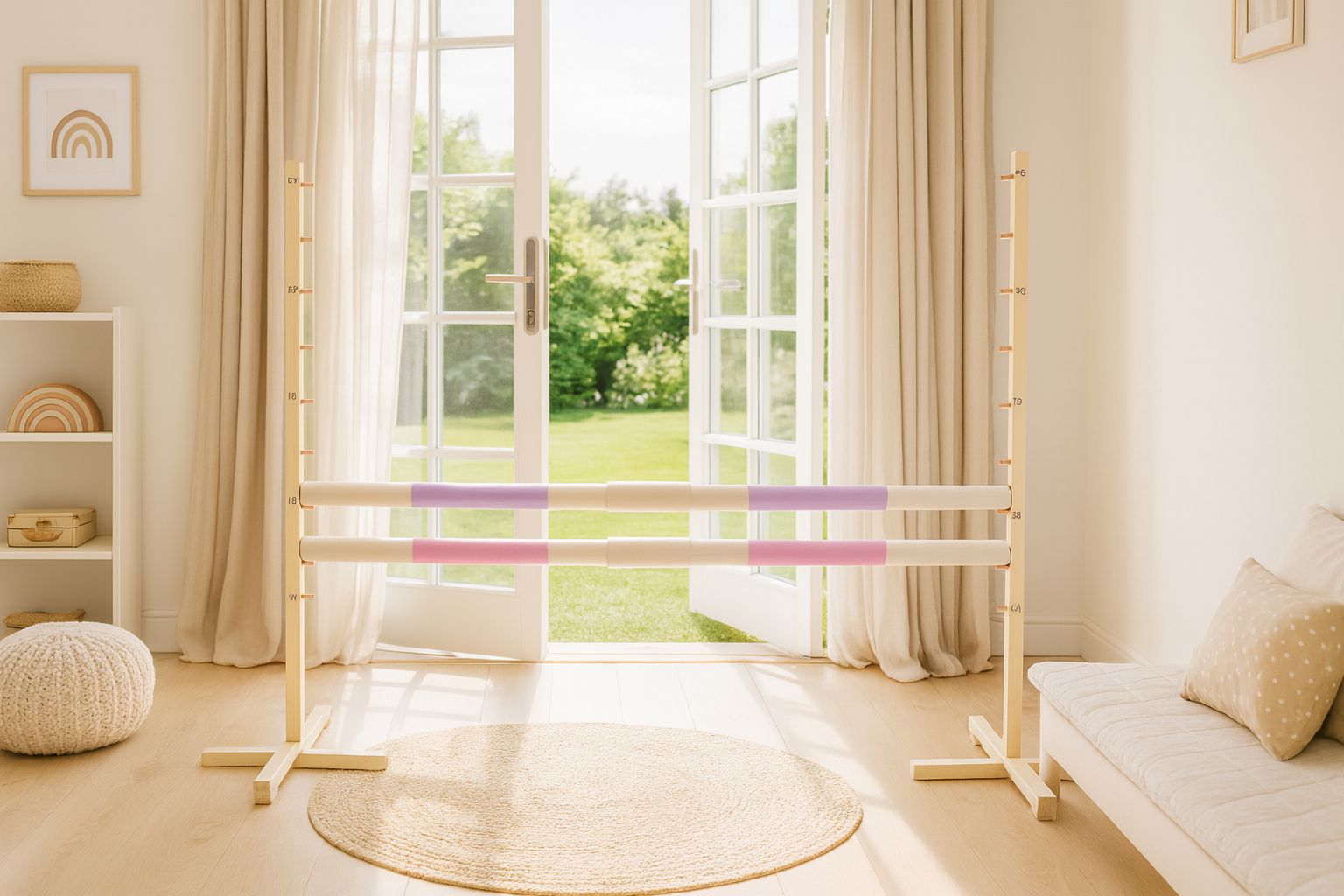 Jumping obstacle for Hobby Horse 160 cm, h-120 cm, with two bars - light purple and light pink