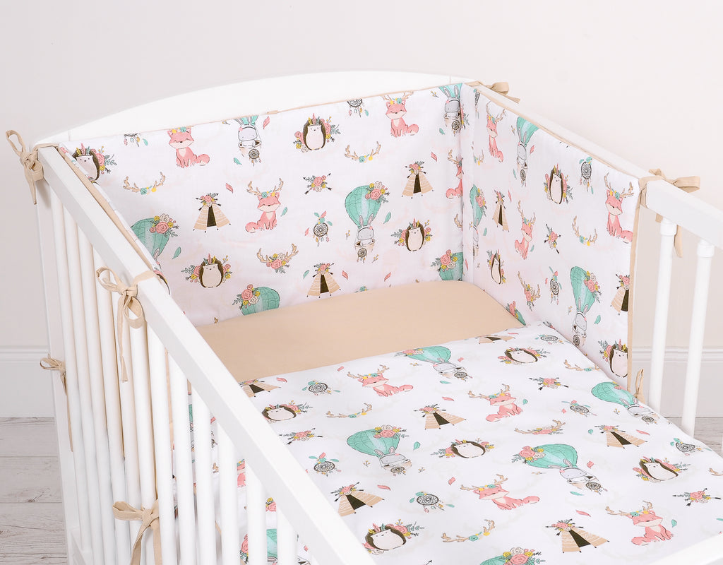 Universal double-sided bumper for cot - foxes beige/beige