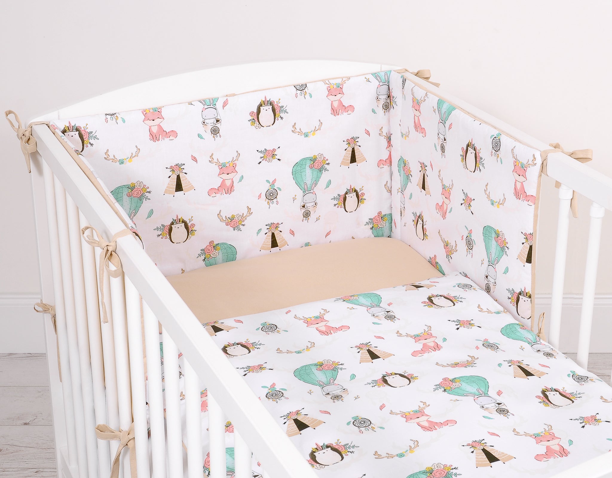 Universal double-sided bumper for cot - foxes beige/beige