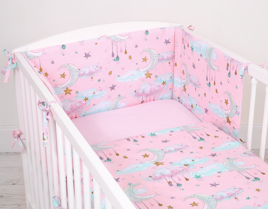 Universal bumper for cot - moons pink