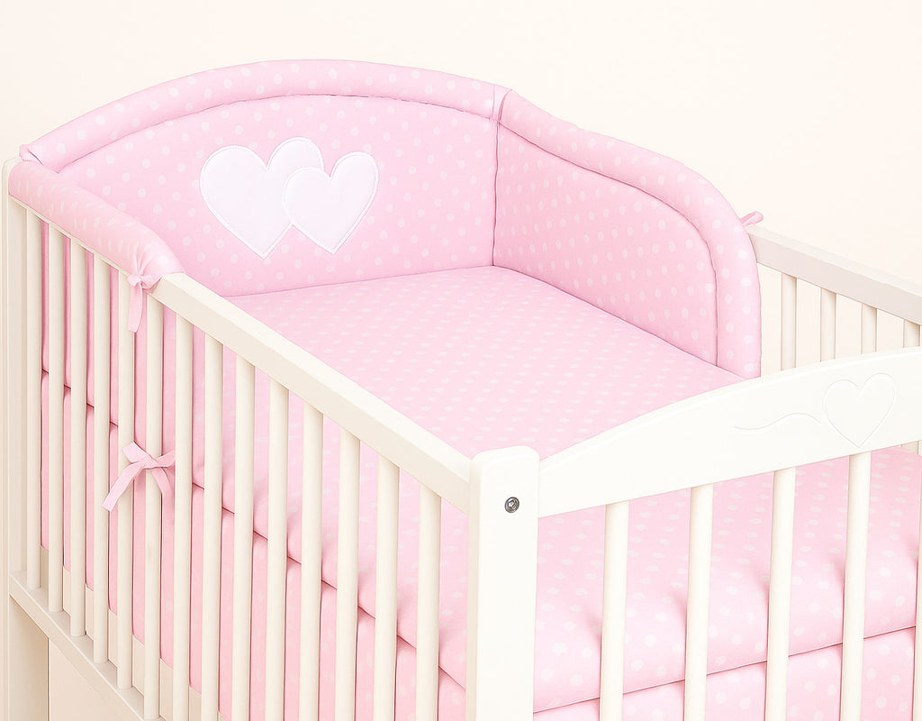 Universal crib rail bumper – Hearts white polka dots on pink