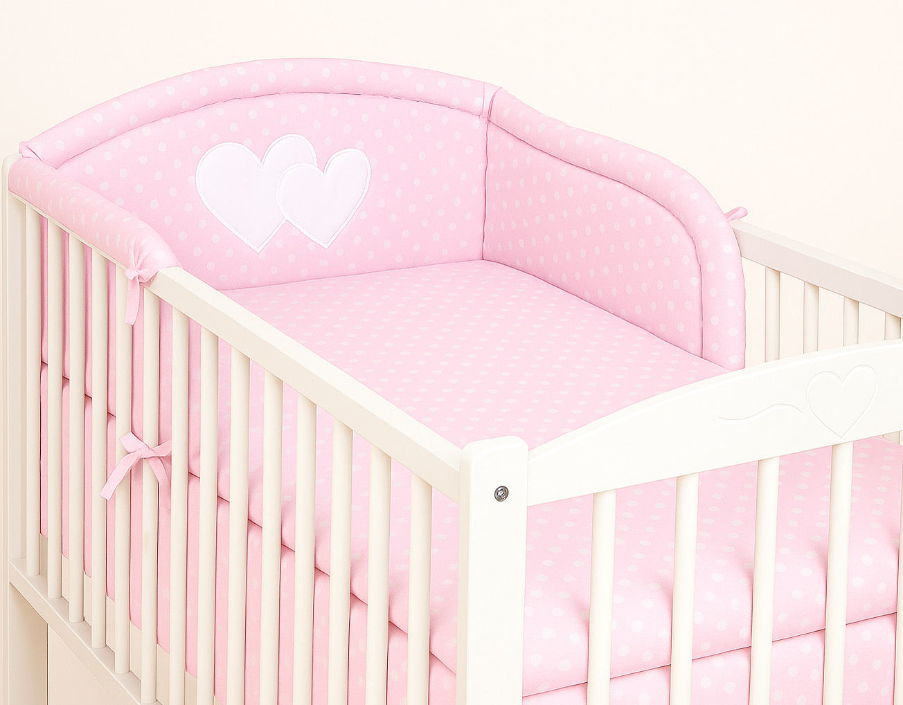 Universal crib rail bumper – Hearts white polka dots on pink
