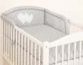 Universal crib rail bumper – Hearts white dots on gray