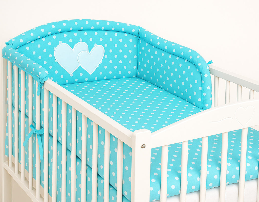 Universal crib rail bumper – Hearts white polka dots on turquoise
