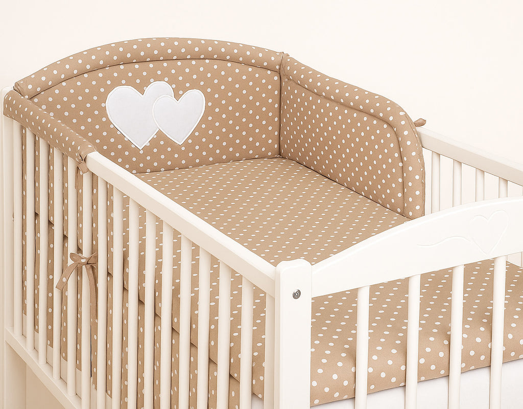 Universal crib rail bumper – Hearts white dots on brown