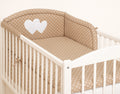 Universal crib rail bumper – Hearts white dots on brown