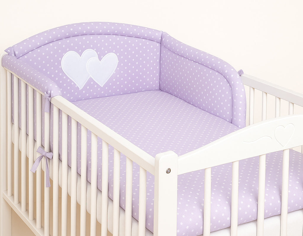 Universal crib rail bumper – Hearts white polka dots on lilac