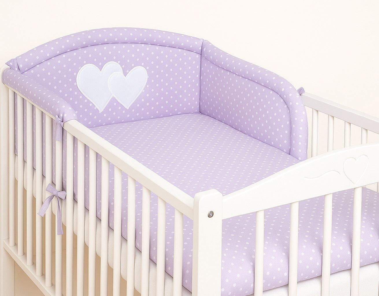 Universal crib rail bumper – Hearts white polka dots on lilac
