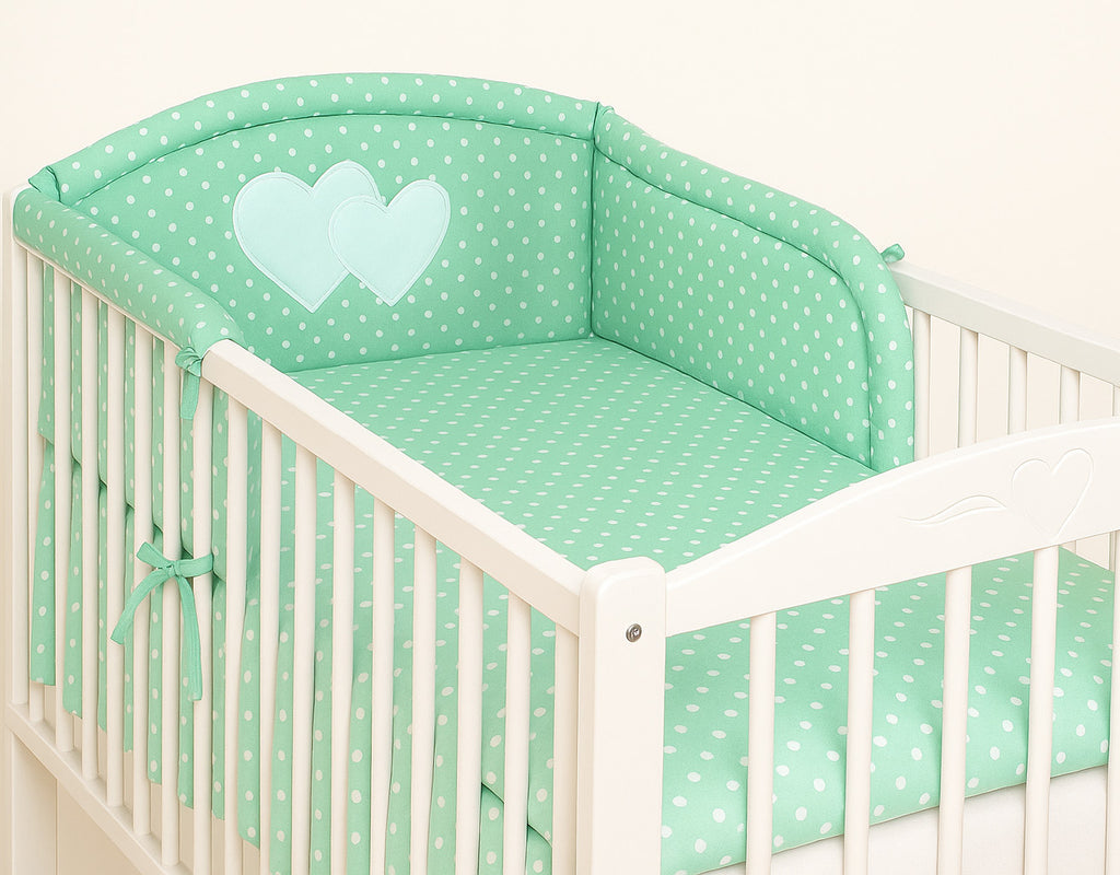 Universal crib rail bumper – Hearts white dots on mint