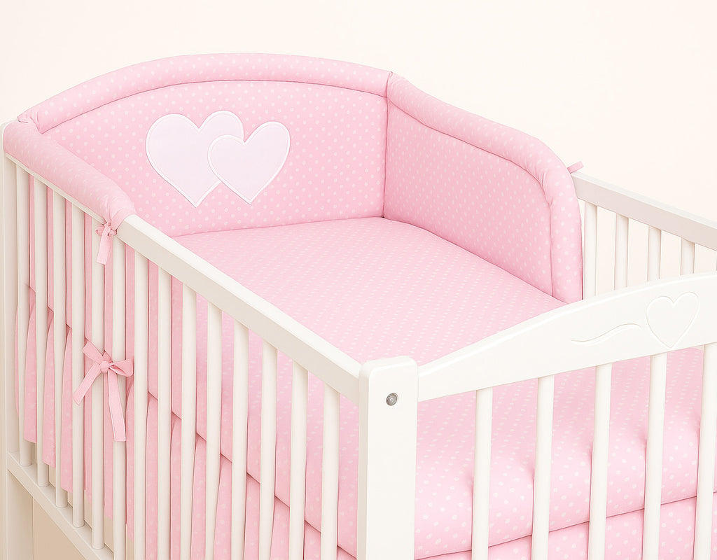 Universal crib rail bumper – Hearts white dots on pink