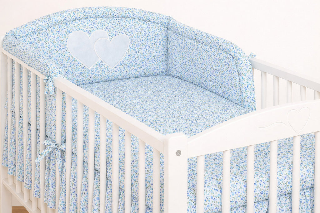 Universal crib rail bumper – Hearts blue flowers